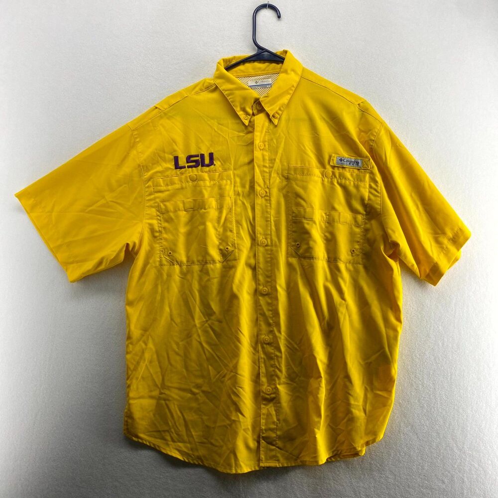 Columbia PFG LSU College Embroidered Shirt Mens Size XL Yellow